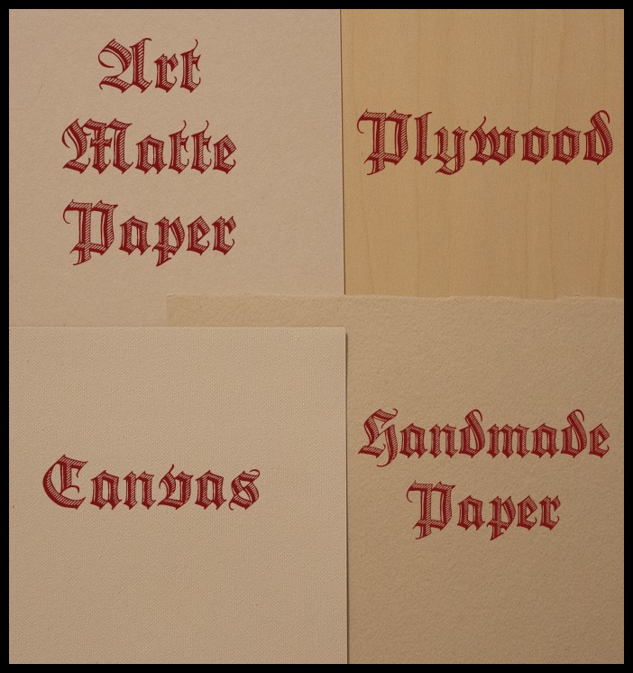 Printing materials – linen canvas, handmade paper with deckled edges, thick art matte paper, birch plywood