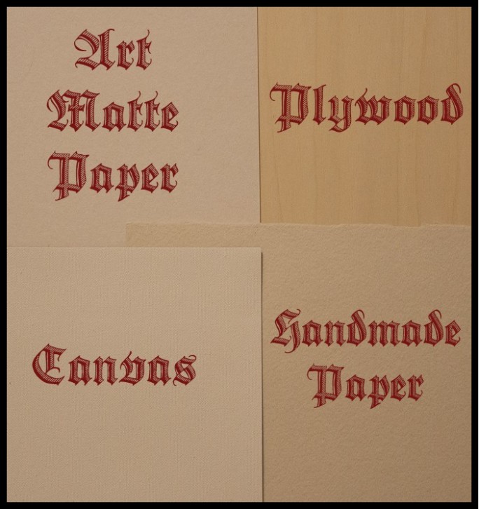 Printing materials – linen canvas, handmade paper with deckled edges, thick art matte paper, birch plywood