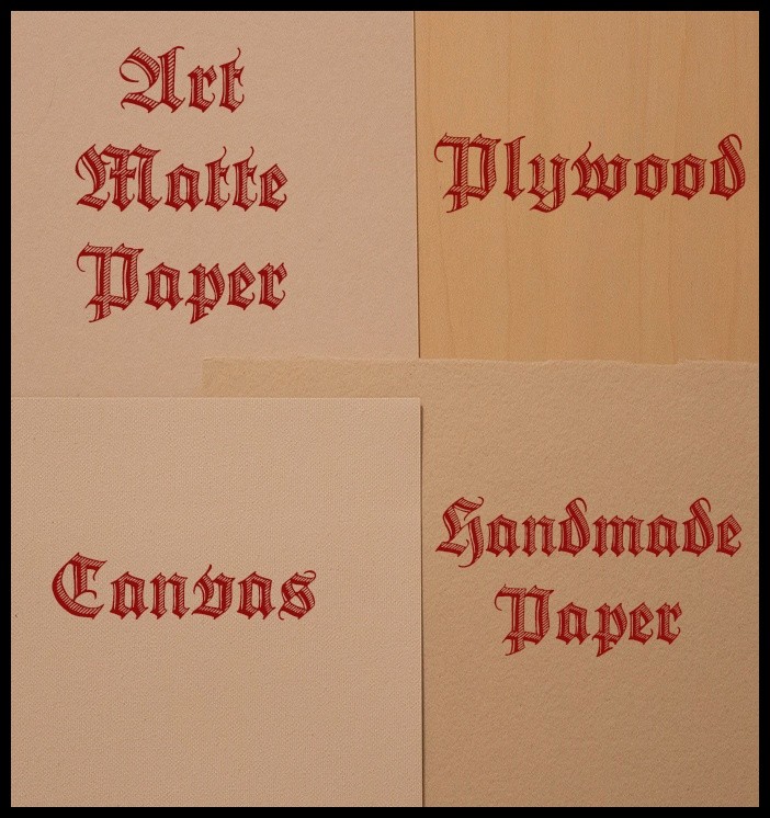 Printing materials – linen canvas, handmade paper with deckled edges, thick art matte paper, birch plywood