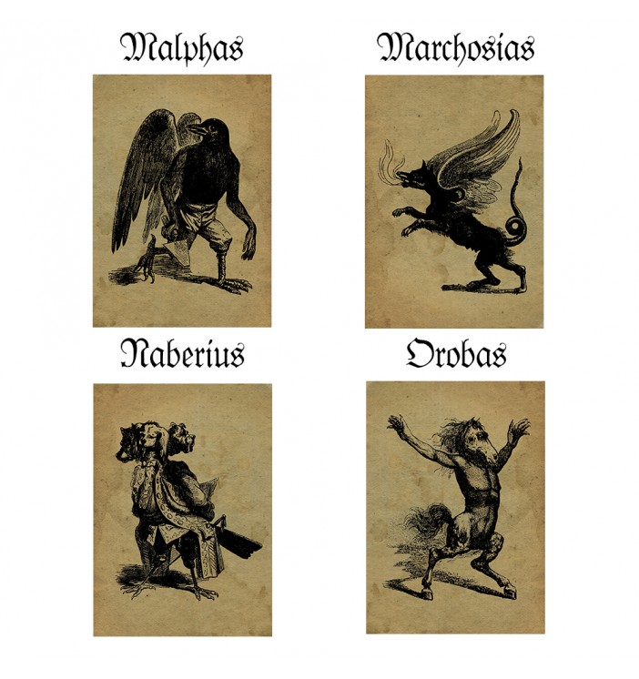 Antique demonology image with four infernal figures named Malphas, Marchosias, Naberius, and Orobas.