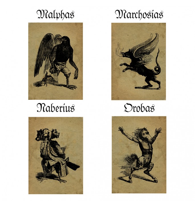 Antique demonology image with four infernal figures named Malphas, Marchosias, Naberius, and Orobas.