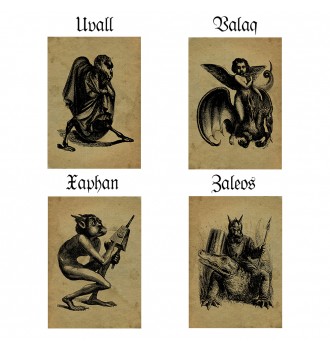 Collage showing four demon illustrations from the Infernal Dictionary: Uvall, Valak, Xaphan, and Zaleos.