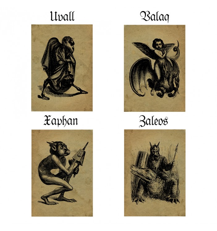 Collage showing four demon illustrations from the Infernal Dictionary: Uvall, Valak, Xaphan, and Zaleos.