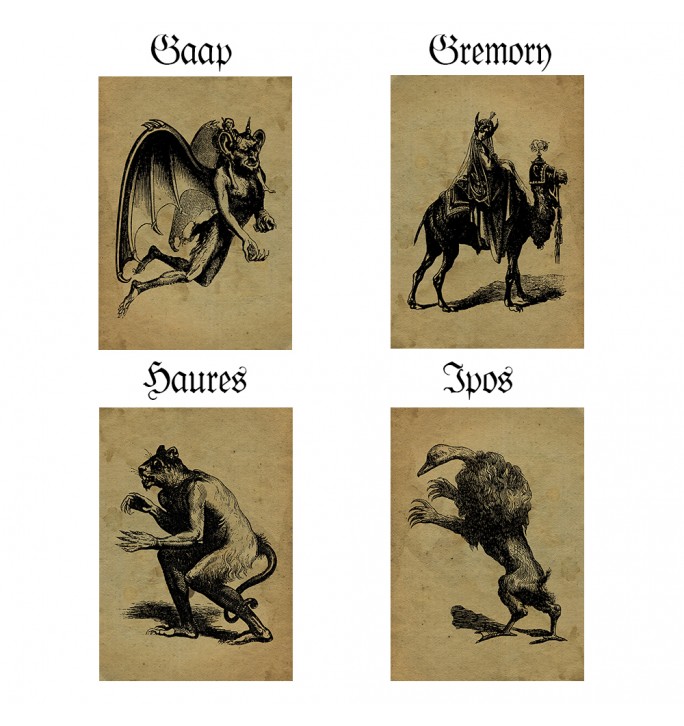 Old occult illustration showing four demons: Gaap, Gremory, Haures, and Ipos from the Infernal Dictionary.