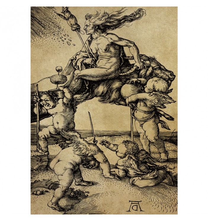 Albrecht Dürer artwork. Witch Riding backwards on a goat.