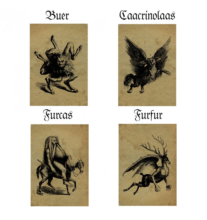 Antique occult artwork with four demons from the Infernal Dictionary.