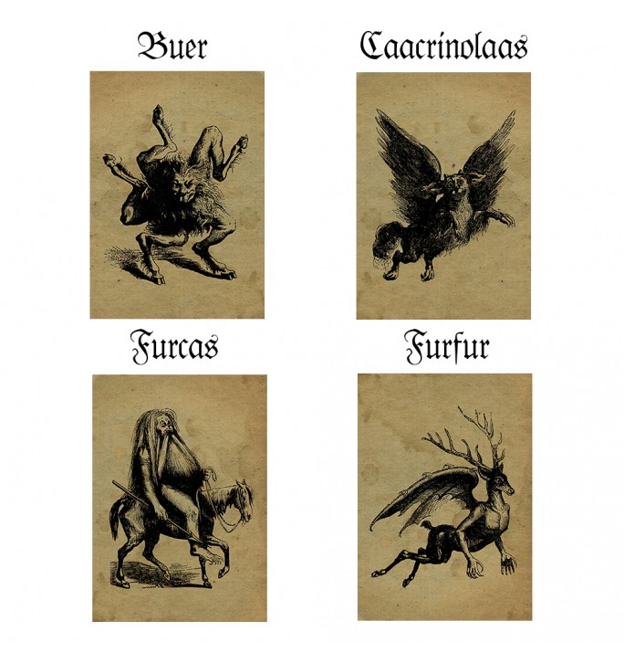 Antique occult artwork with four demons from the Infernal Dictionary.