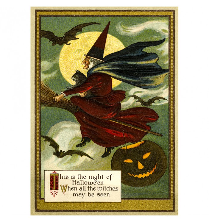 Halloween poster with a witch on a broom.
