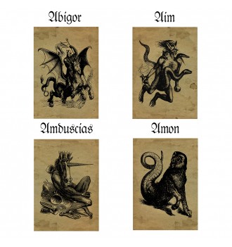 Antique demonology illustrations of Abigor, Aim, Amduscias, and Amon from Collin de Plancy’s Infernal Dictionary.