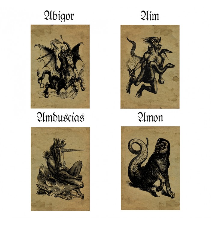 Antique demonology illustrations of Abigor, Aim, Amduscias, and Amon from Collin de Plancy’s Infernal Dictionary.
