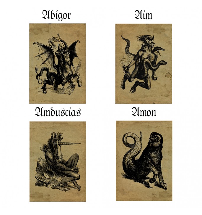Antique demonology illustrations of Abigor, Aim, Amduscias, and Amon from Collin de Plancy’s Infernal Dictionary.