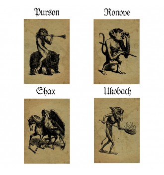 Occult illustration showing four demons from the Infernal Dictionary: Purson, Ronove, Shax, and Ukobach.