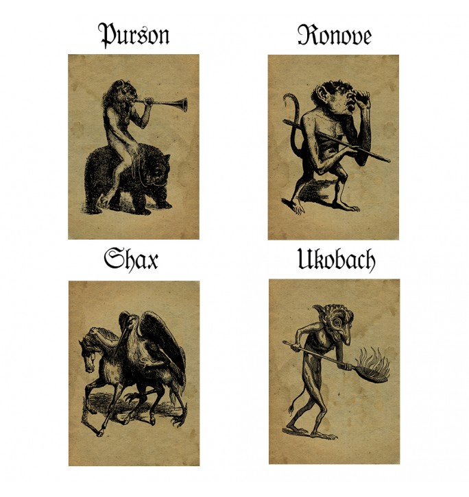 Occult illustration showing four demons from the Infernal Dictionary: Purson, Ronove, Shax, and Ukobach.