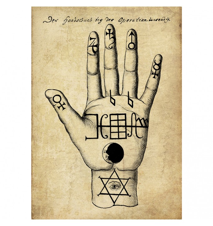 A hand covered in Kabbalistic signs and sigils from the Compendium Rarissimum.