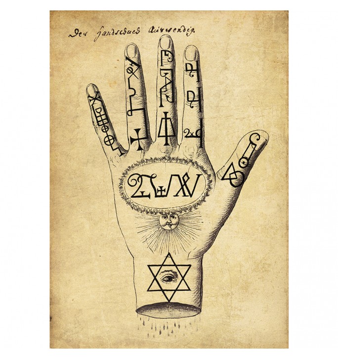 A hand covered in Kabbalistic signs and sigils from the Compendium Rarissimum.