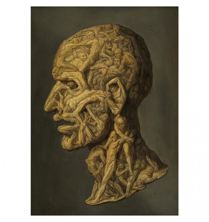 Testa anatomica. Man's head made up of writhing male figures.