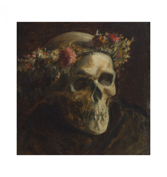 Skull Wearing a Wreath of Flowers.