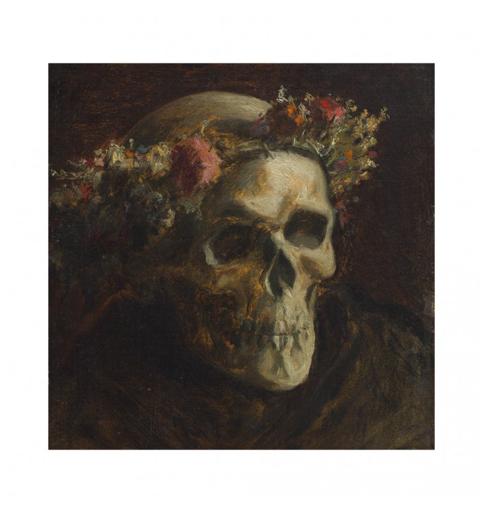 Skull Wearing a Wreath of Flowers.