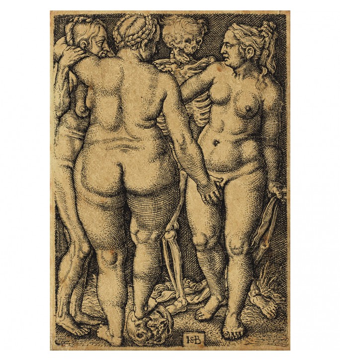 Death and three standing naked women.