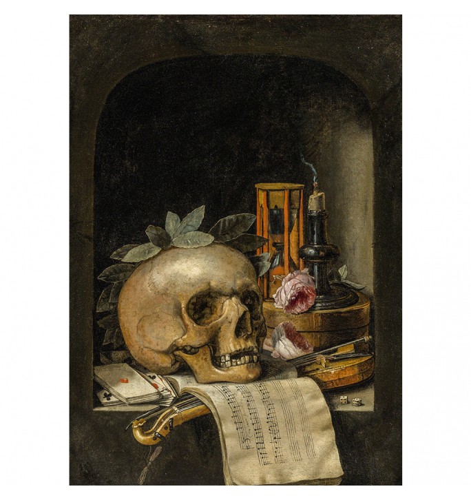 Gloomy Still Life. Skull, hourglass, extinguished candle and other symbols of futility.