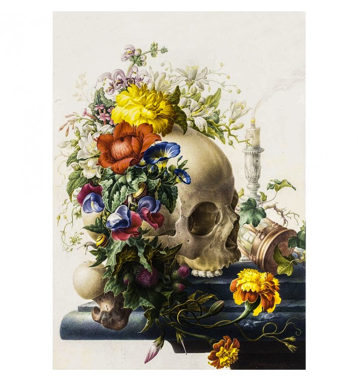 A painting with a skull, a candle and flowers.