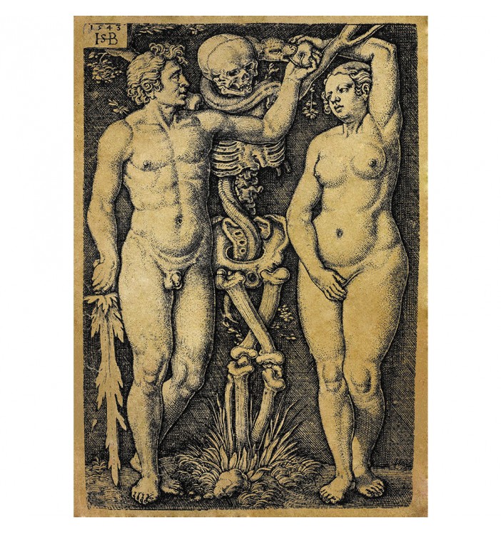 Adam, Eve, the Tree of Knowledge in the form of a Skeleton and a Snake giving an apple. The fall of Man.