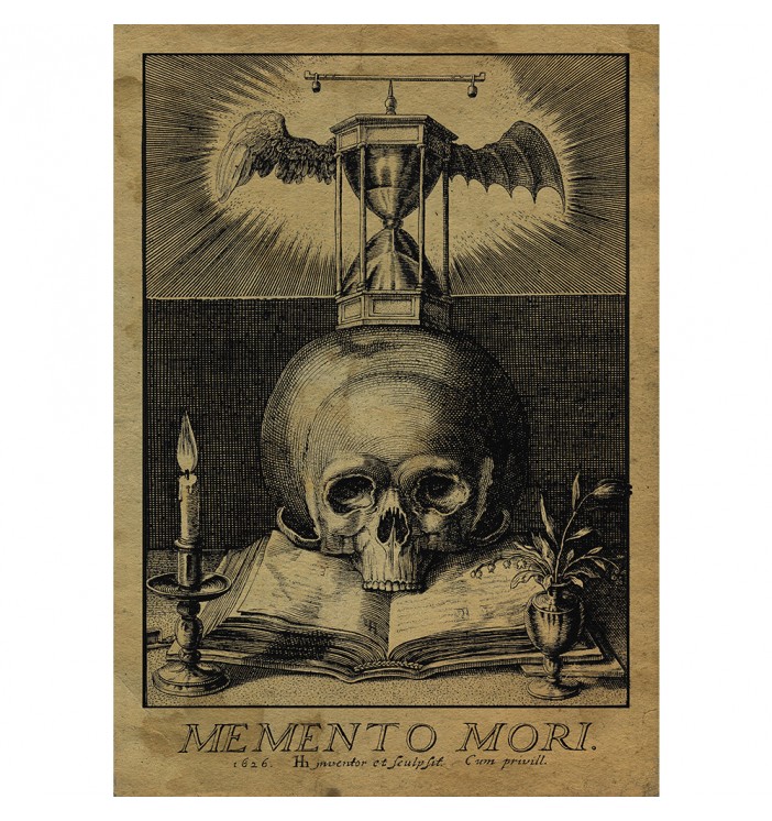 Symbols of death: a skull, a candle and a clock.