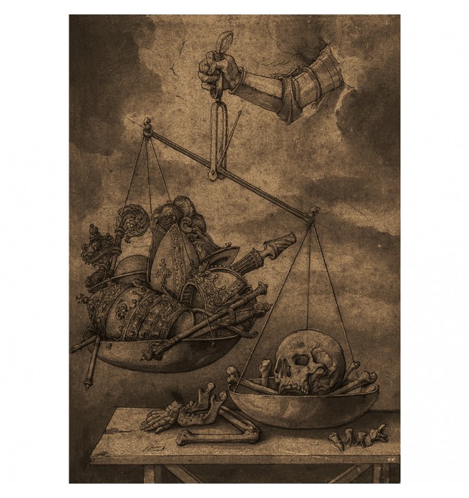 Allegory of Vanity. On the scales of God, death is heavier than symbols of power.