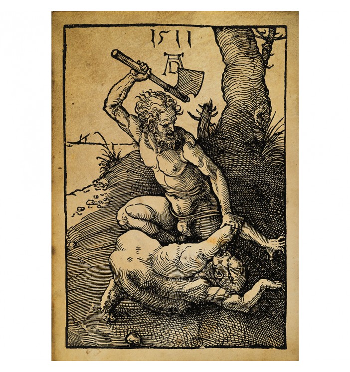 Cain kills Abel with an ax. Albrecht Dürer artwork.