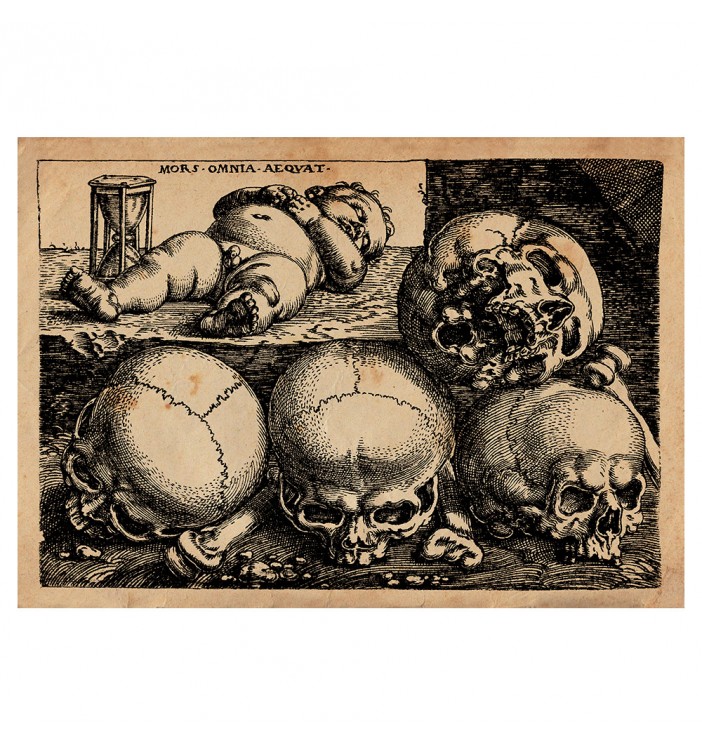A sleeping child with an hourglass and four skulls.