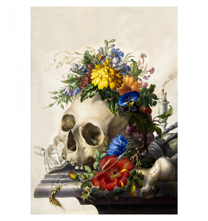 Human skull in flowers.