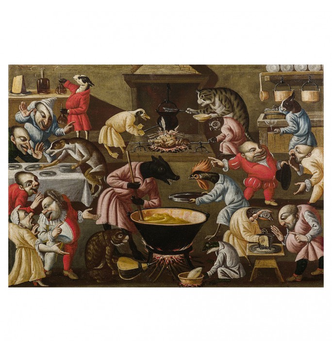 Grotesque scene with animals and stylised figures in a kitchen.