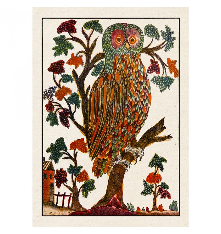 Fairy owl sitting in a tree. Russian folk illustration.