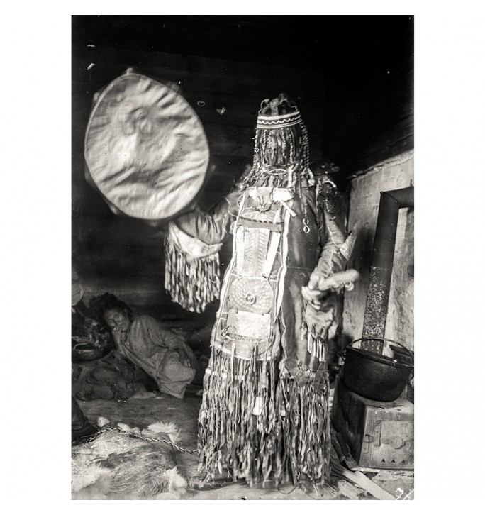 Shamanic Ritual in Siberia. Kamlanie Siberian shaman.