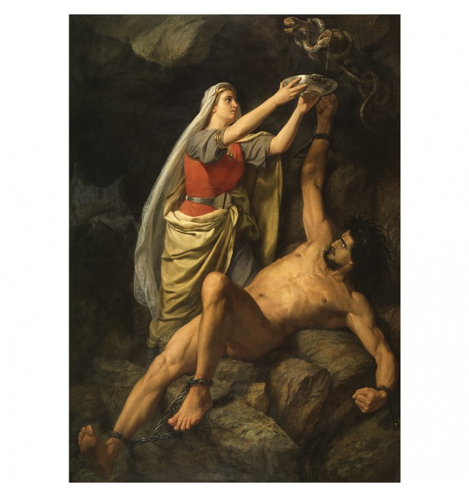 Execution of Loki. Sigyn holds a cup over her husband, collecting drops of snake venom.