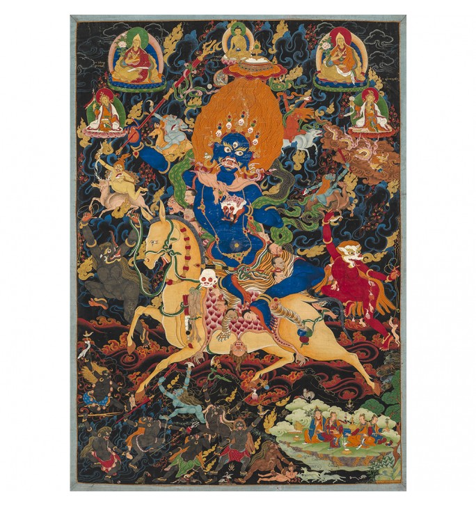Hindu goddess of death Kali riding a horse surrounded by a host of deities.