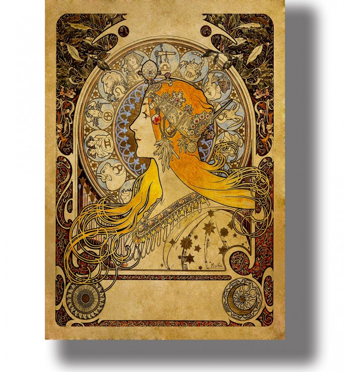 Art Nouveau woman in profile wearing an elaborate jeweled headdress with the zodiac circle behind her.