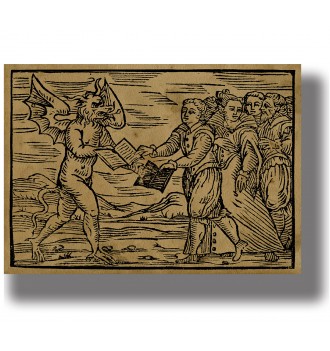 Vintage-style illustration of a demon presenting a black book to sorcerers in an open landscape.