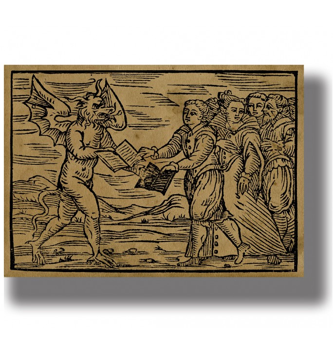 Vintage-style illustration of a demon presenting a black book to sorcerers in an open landscape.