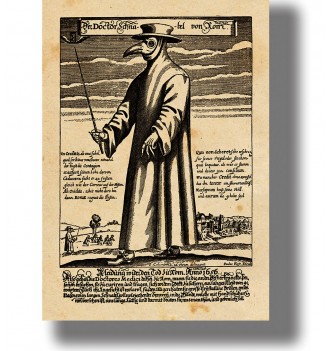Historical print of a plague doctor wearing a bird-beak mask and holding a staff in an old city scene.