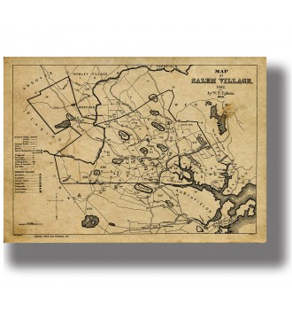 Old map of Salem Village showing roads, fields, houses, ponds, and marked locations connected with 1692.