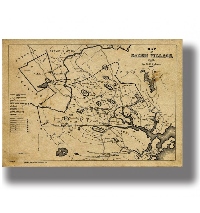 Old map of Salem Village showing roads, fields, houses, ponds, and marked locations connected with 1692.