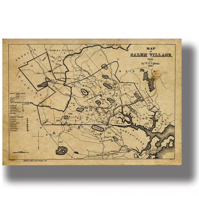 Old map of Salem Village showing roads, fields, houses, ponds, and marked locations connected with 1692.