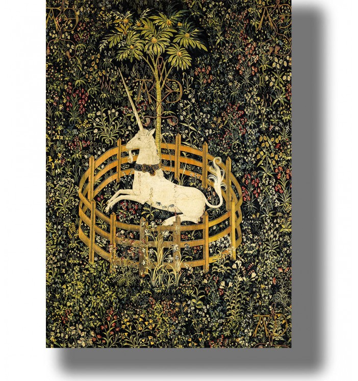 Gothic medieval artwork showing a white unicorn in a fenced garden filled with flowers