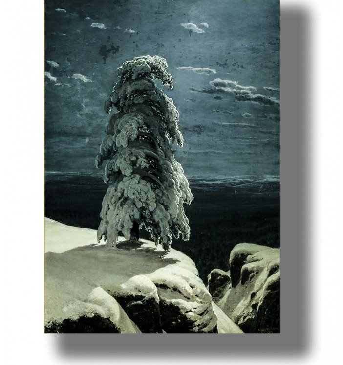 A moody winter night landscape with a lone pine tree heavy with snow, standing on rocky cliffs above dark water.