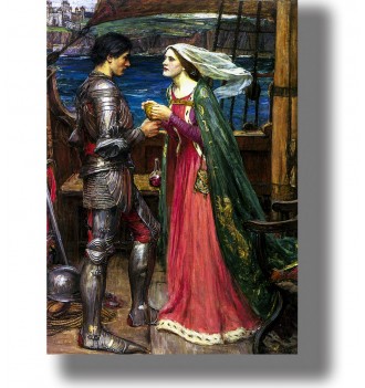 Romantic painting of Tristan and Isolde on a ship, with a knight in armor and a woman holding a cup