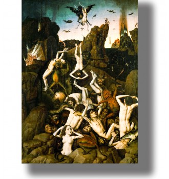 Medieval-style hell painting with demons, flames, rocks, and human figures in torment.