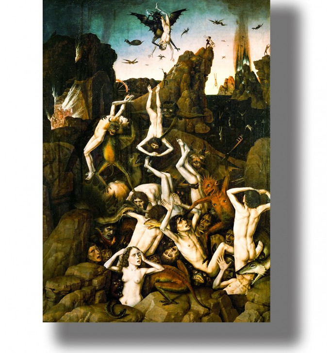 Medieval-style hell painting with demons, flames, rocks, and human figures in torment.