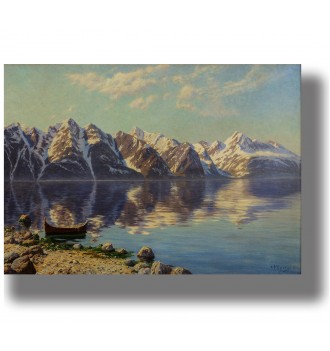 Wall decor mockup: Svalbard fjord landscape—snow-capped mountains, still water reflection, small boat near rocks.