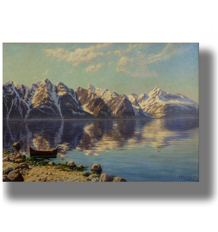 Wall decor mockup: Svalbard fjord landscape—snow-capped mountains, still water reflection, small boat near rocks.